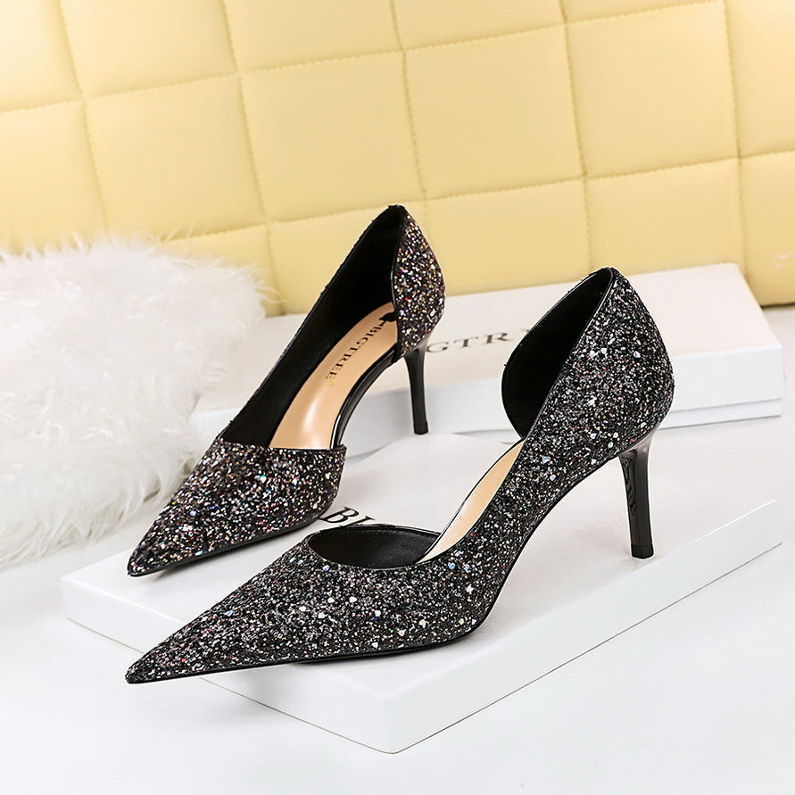 2025 8829-A3  style sexy nightclub showing thin heel high heel shallow mouth pointed side hollow sparkling sequined single shoes