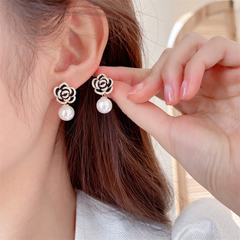 2025 S925 silver needle elegant temperament earrings wholesale black rose earrings zircon three-dimensional camellia pearl earrings