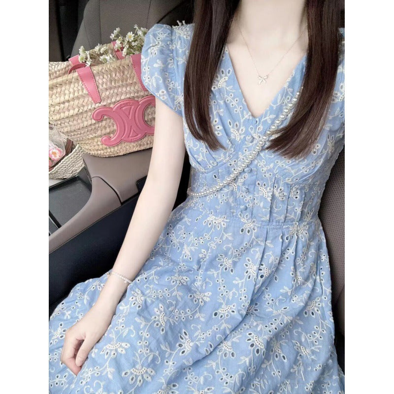 2025 High-end heavy industry embroidery blue Platycodon  dress women's summer new small waist and thin skirt