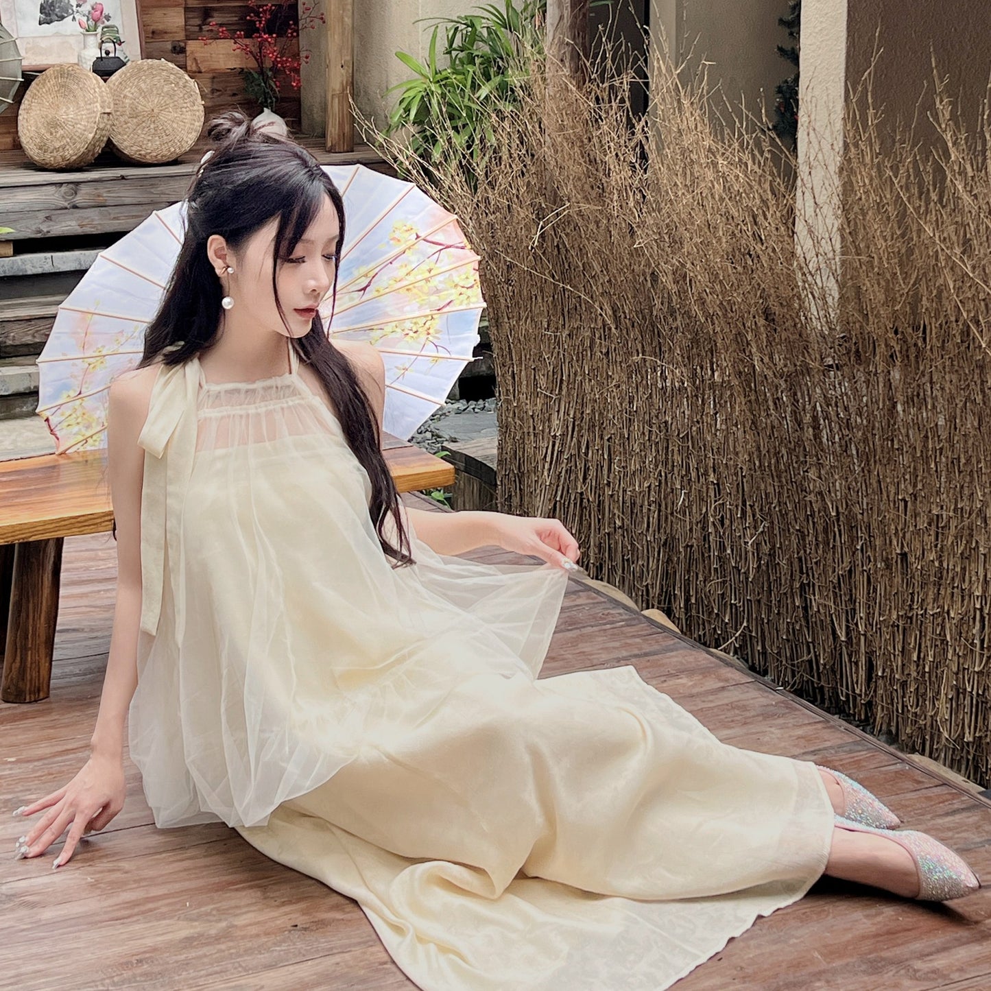 2025 Sanya travel wear beach skirt women's summer new Chinese holiday style fake two-piece printed loose neck dress