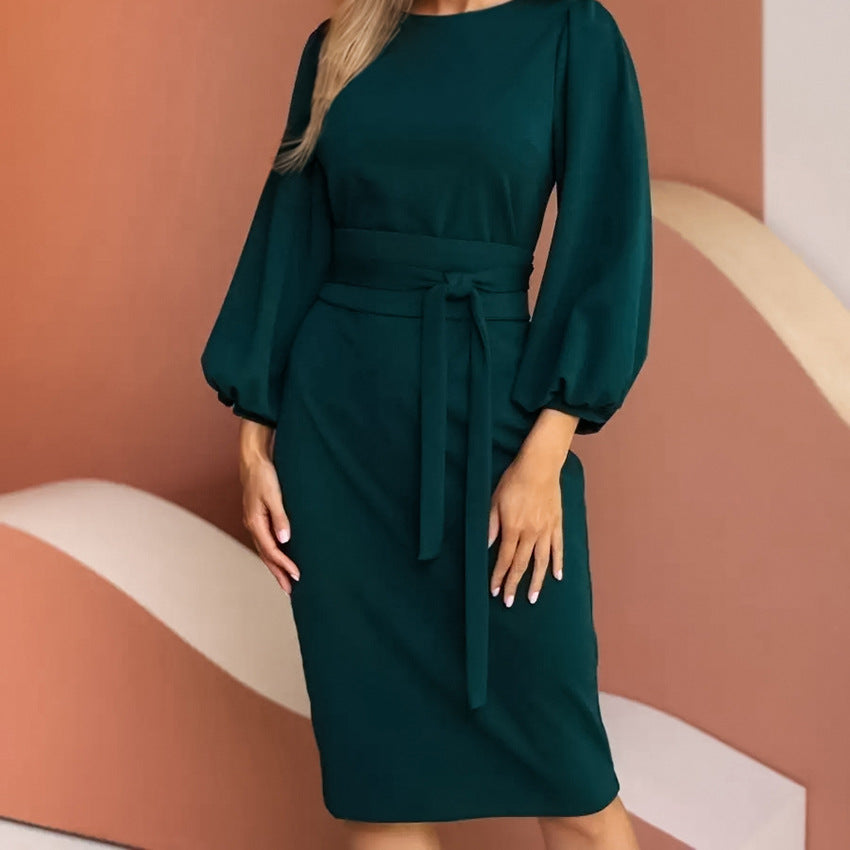 2025 Spring new round neck lantern sleeve slim-fitting hip-wrapped lace-up dress popularwildberries hot women's clothing