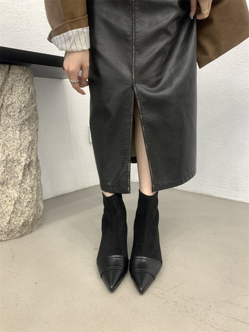 2025 Short boots women's velvet pointed head thin heel new splicing suede thin high heel short thin boots in autumn and winter of popular