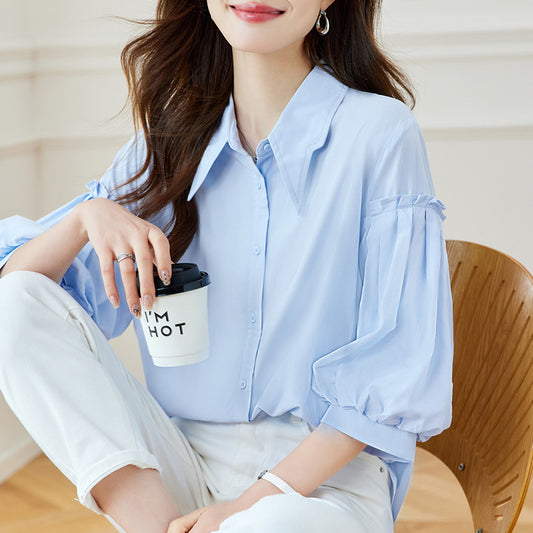 Cotton cocoon, blue shirt women's seven-quarter sleeves  spring and summer new lantern sleeves design top casual shirt