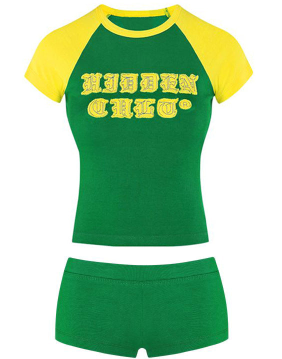 BENPAOLV American new Spice Girl style retro hip hop personality splicing street suit short sleeves shorts sticker letters