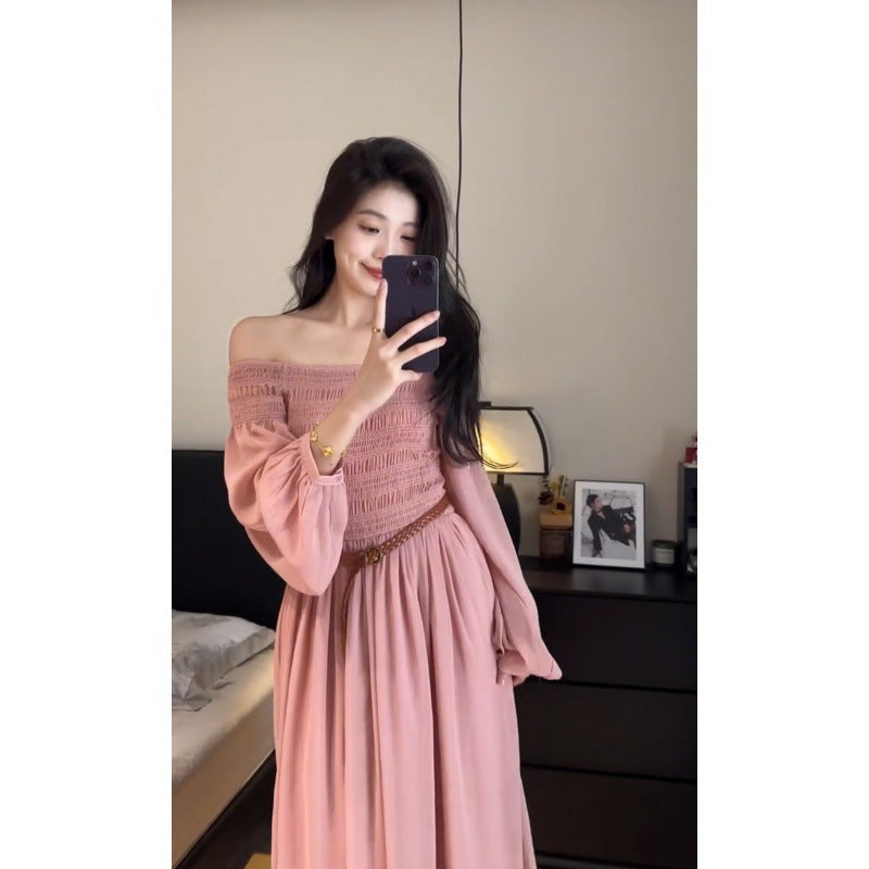 2025 Zhao Ruth same dress women's  autumn  one-word shoulder high-end bubble sleeve star pink dress