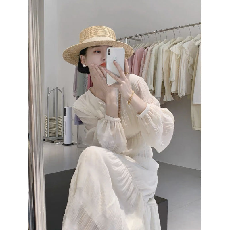 2025 Coffee break  high-end white chiffon dress women's spring and summer loose and thin gentle wear temperament dress