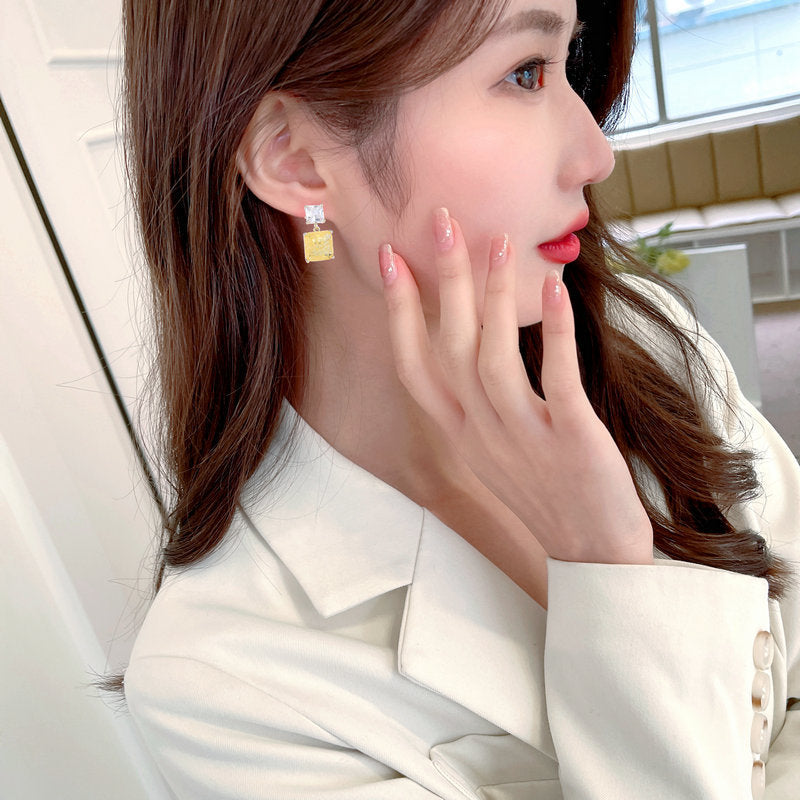 2025 Simple geometric small square stud earrings ice crack zircon earrings s925 silver needle niche design versatile temperament earrings