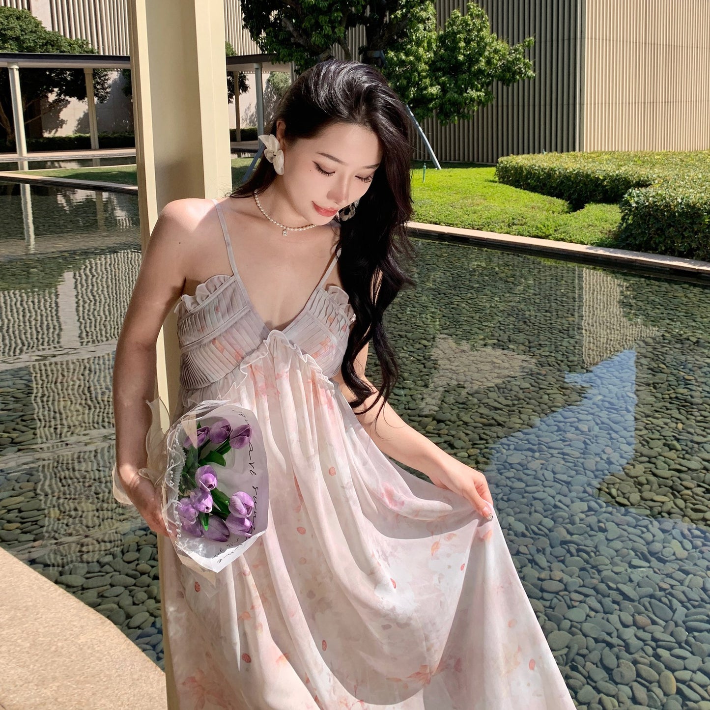 2025 Summer seaside vacation dress small fresh  first love long dress pure lust sweet wind floral suspender sleeveless dress