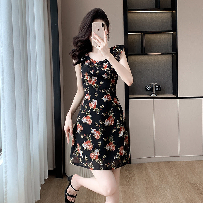 2025 Black Xiaofei Sleeve Slim Flower Dress Women's Summer New Vacation Style  Retro Dress Women's Clothing