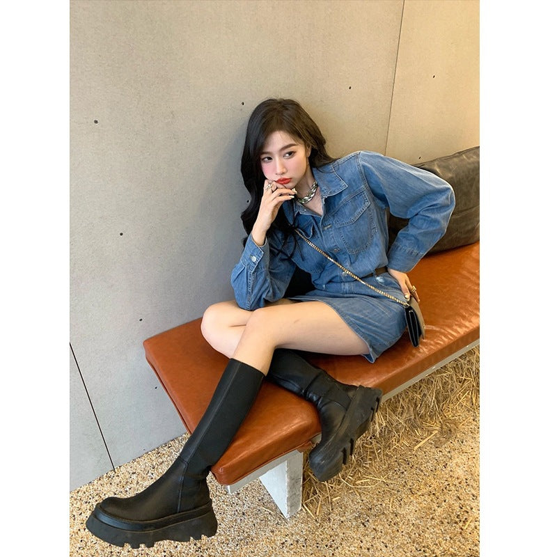 2025 small waist skirt spring and autumn women's clothing  new Hong Kong style chic Hong Kong style retro denim dress