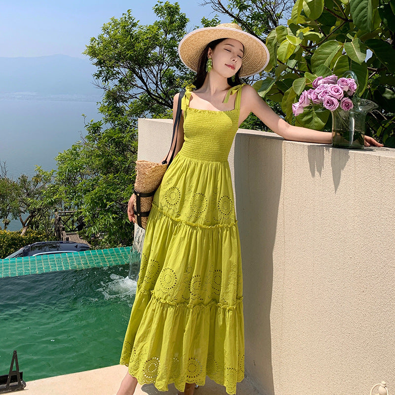 2025 Summer new seaside vacation dress sweet and sexy hollow embroidered bow strap suspender chest wrap dress