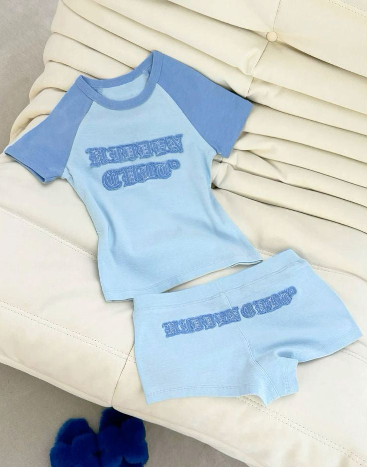 BENPAOLV American new Spice Girl style retro hip hop personality splicing street suit short sleeves shorts sticker letters