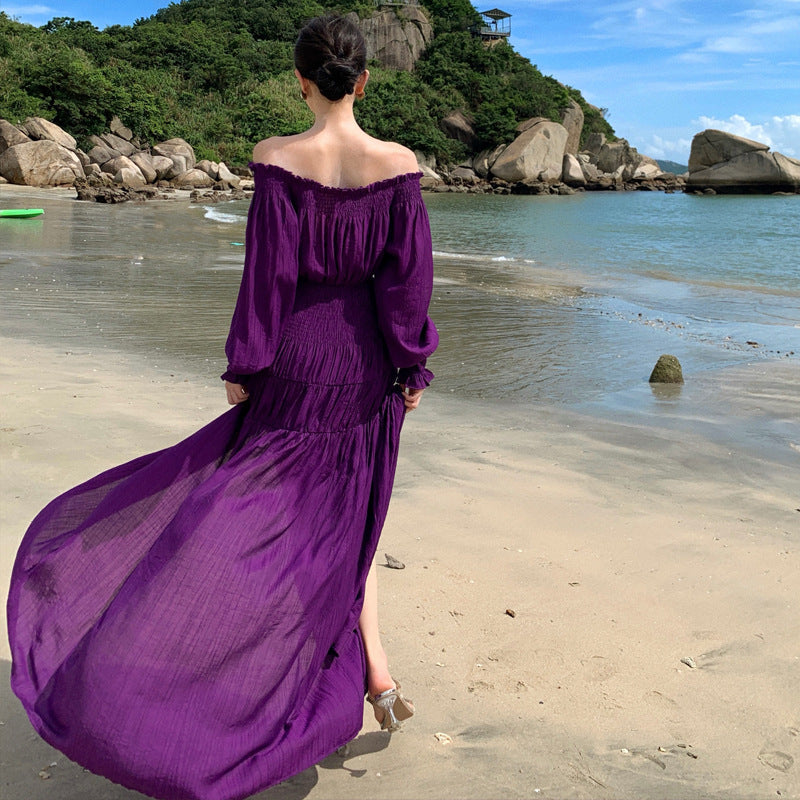 2025 Muse Fan seaside vacation wear one-word shoulder purple dress atmosphere temperament waist thin split skirt
