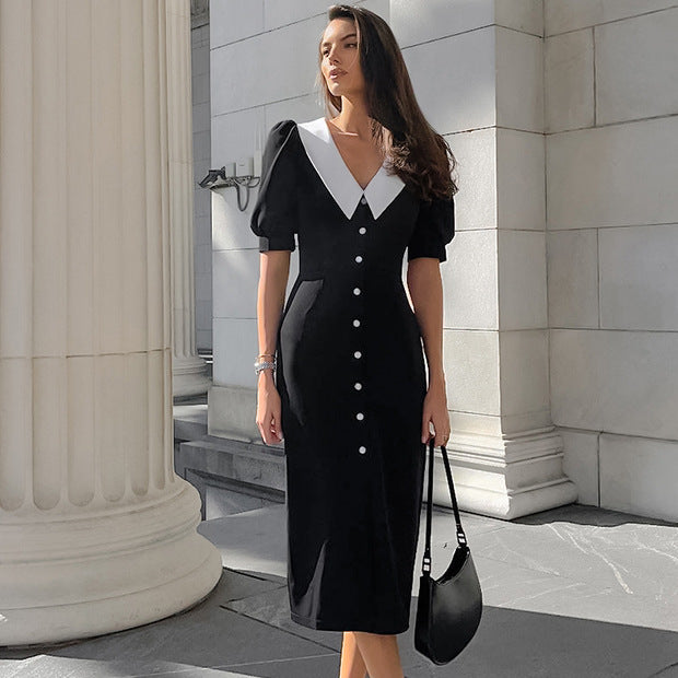 2025 V-neck contrasting color bubble sleeves temperament elegant dress popular  summer fashion new women's long dress