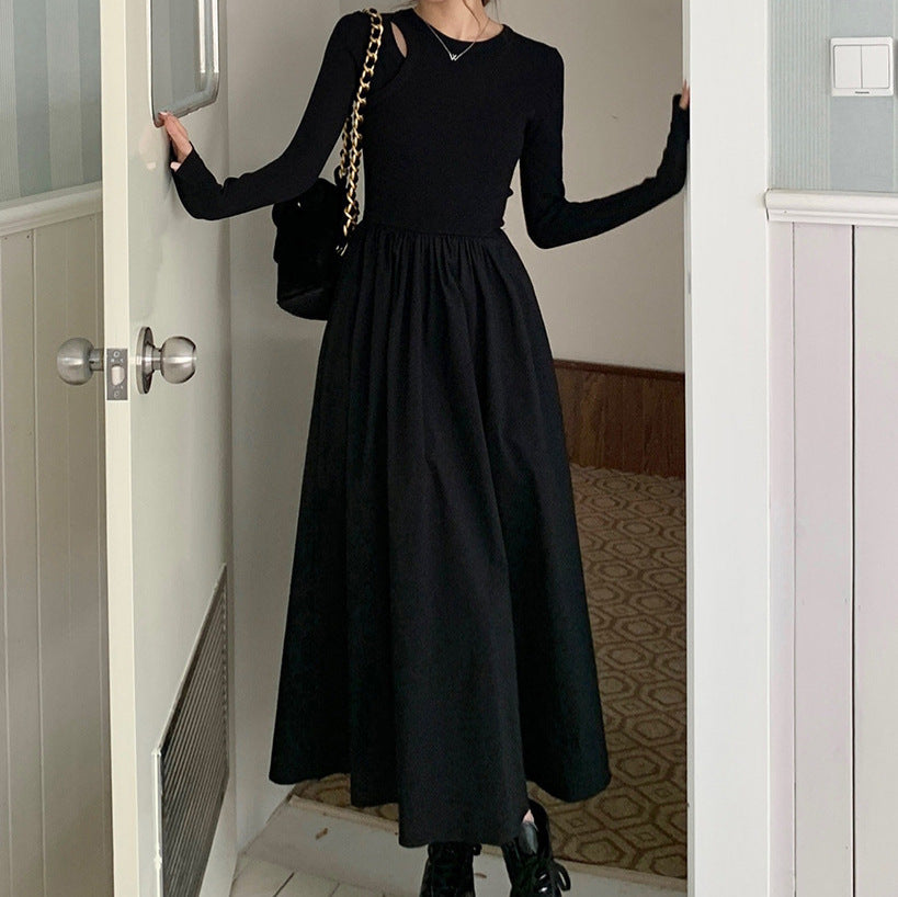 2025 Hepburn style hollow knitted long-sleeved dress women's spring and autumn new design sense niche temperament slim and thin long dress