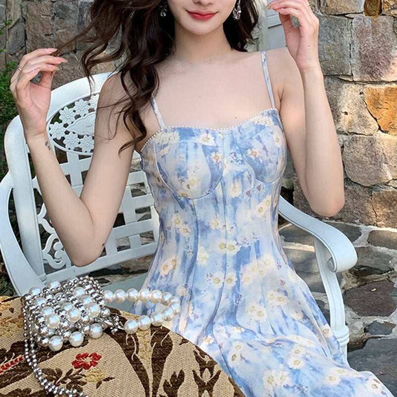2025 blue oil painting long dress beach dress floral suspender dress female summer fairy temperament waist  summer female
