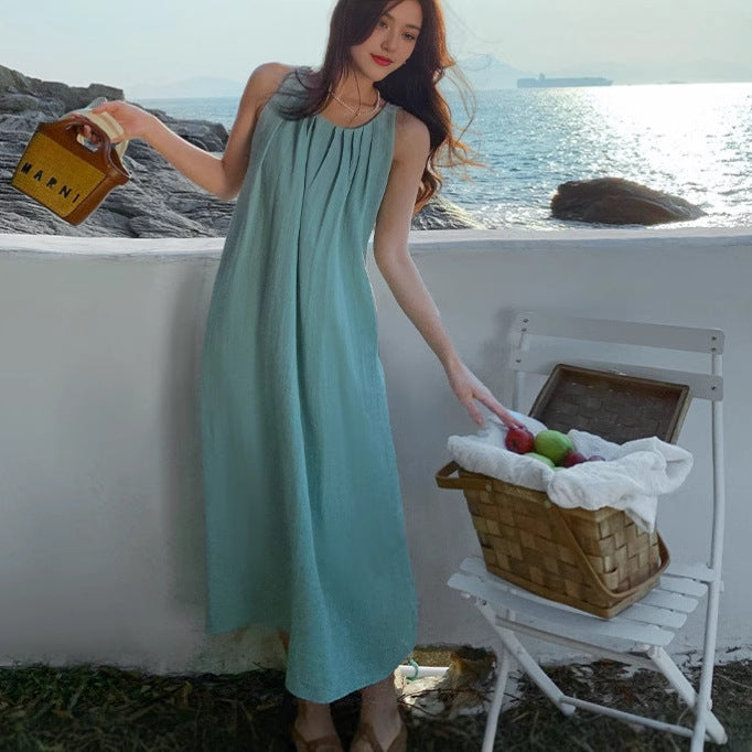 2025 summer Sanya travel wear holiday dress seaside beach skirt women's summer sleeveless neck suspender skirt
