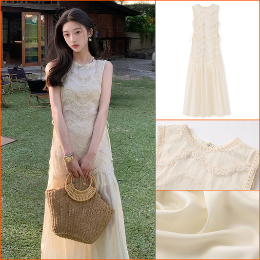 2025 summer  heavy industry mesh splicing vest dress new high-end light luxury long dress women N3019