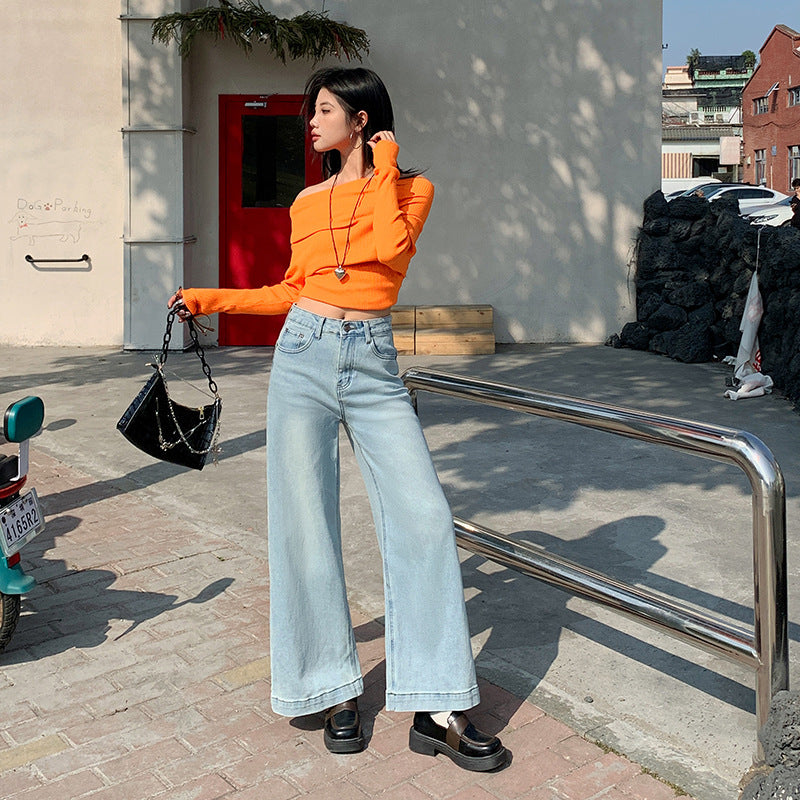 2025 Light blue cotton Lyocell Tencel jeans women's  spring and summer thin small high-waisted loose wide-leg pants