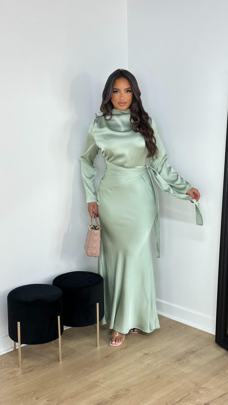 2025 popular autumn and winter new New Popular trade women's clothing  independent station ebay Middle East hip-wrapped satin evening dress
