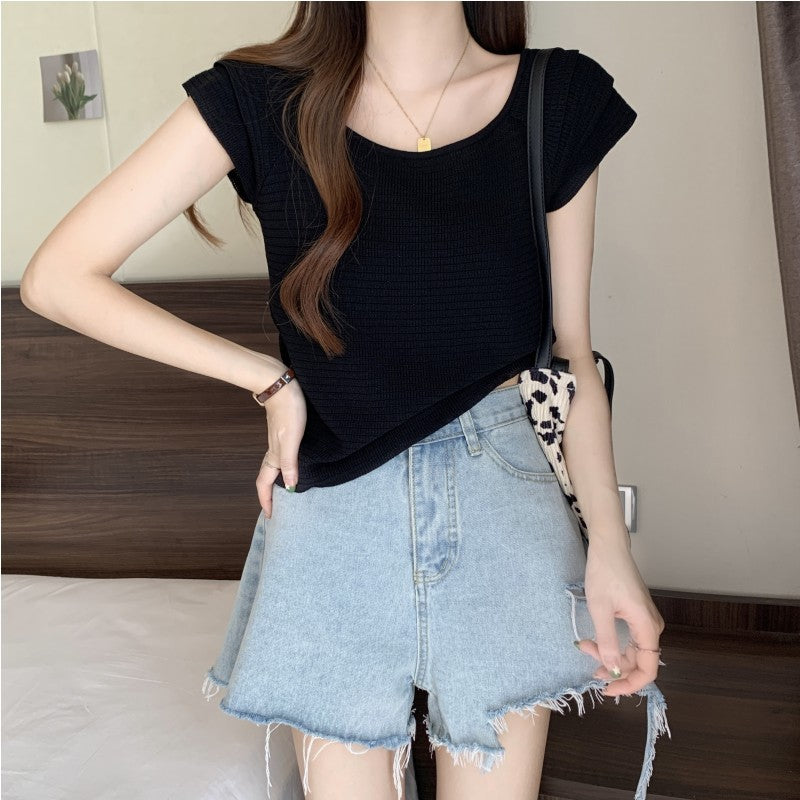 2025 Large size women's clothing new design sense sweet and spicy dew collarbone flying sleeves short sleeves ice silk knitted sweater top women's clothing