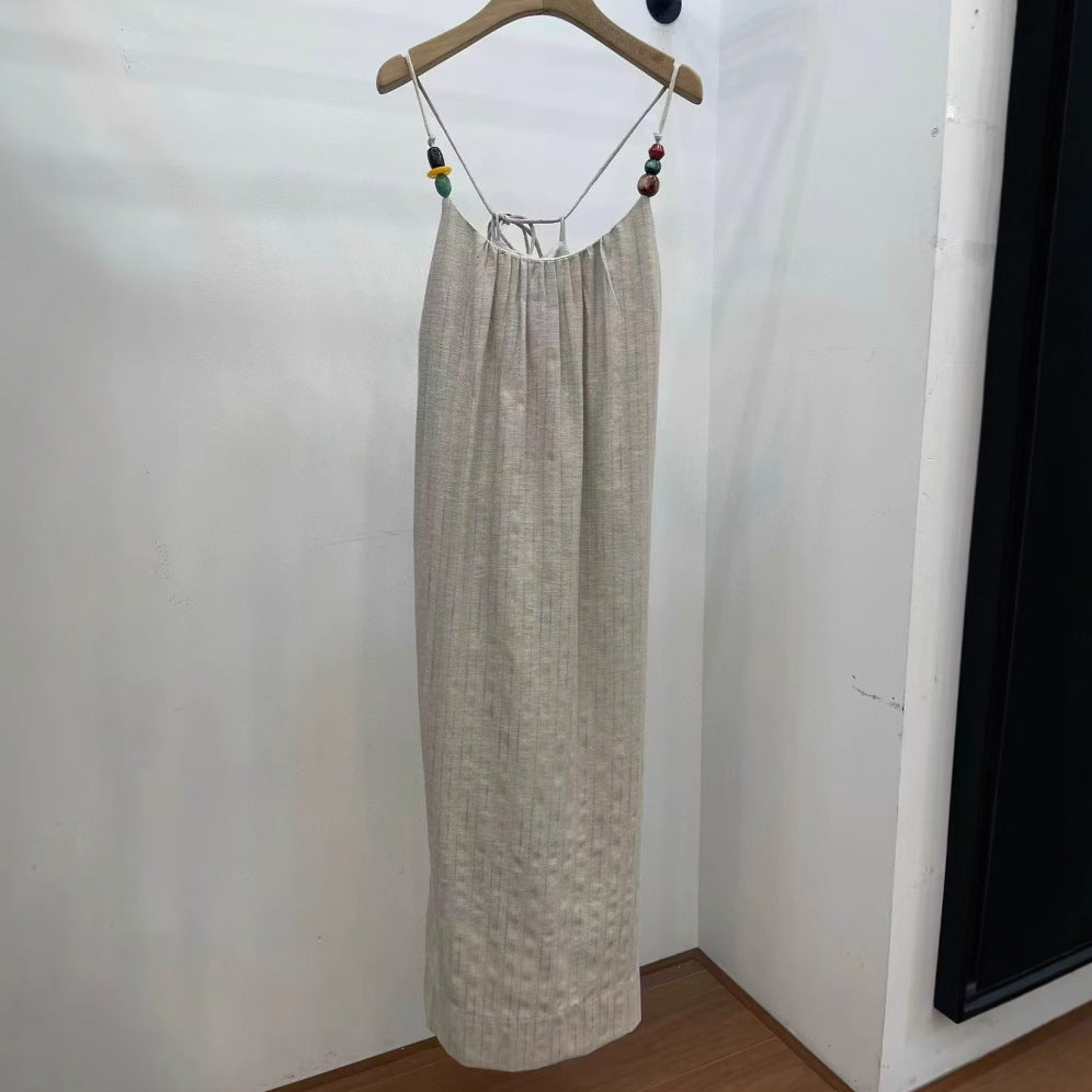 summer vacation style linen retro neck dress, high-end  style elegant skirt