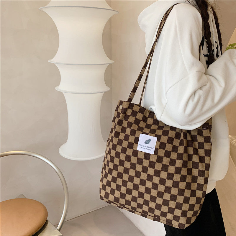 012174 Retro Corduroy Chessboard Plaid Shoulder Tote Bag for Female Students Class Canvas Bag Simple Woven Handbag