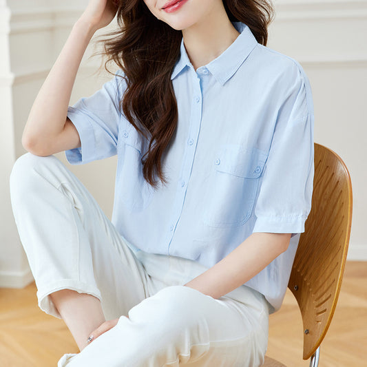 Cotton cocoon, cotton lapel collar double pocket short-sleeved shirt  summer new casual versatile shirt