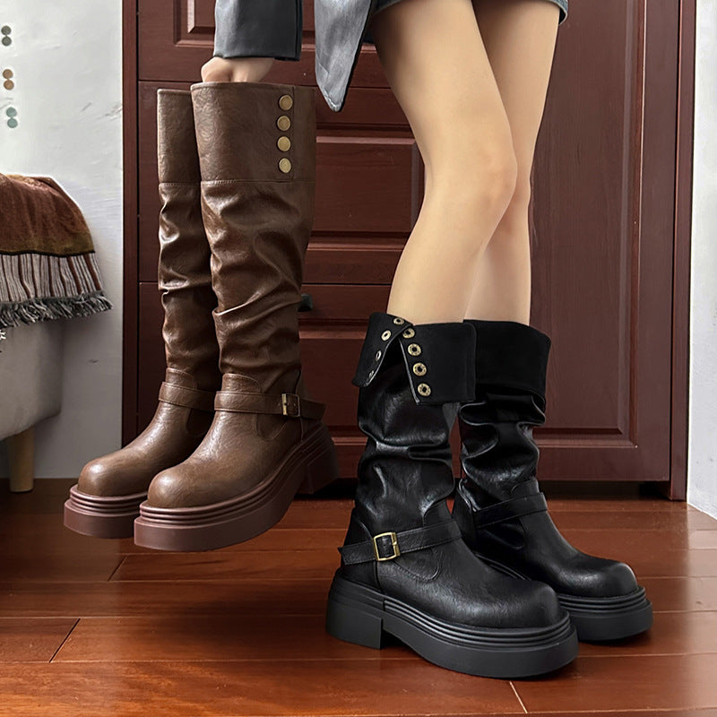 2025  Fat mm platform boots women's folding boots two wear popular spring and autumn new fashion belt buckle western cowboy boots thick legs