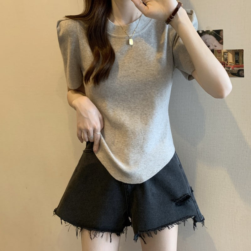 2025 Large size women's clothing Spice Girls short-sleeved short front shoulder knitted sweater women's unique and chic clothes design sense niche
