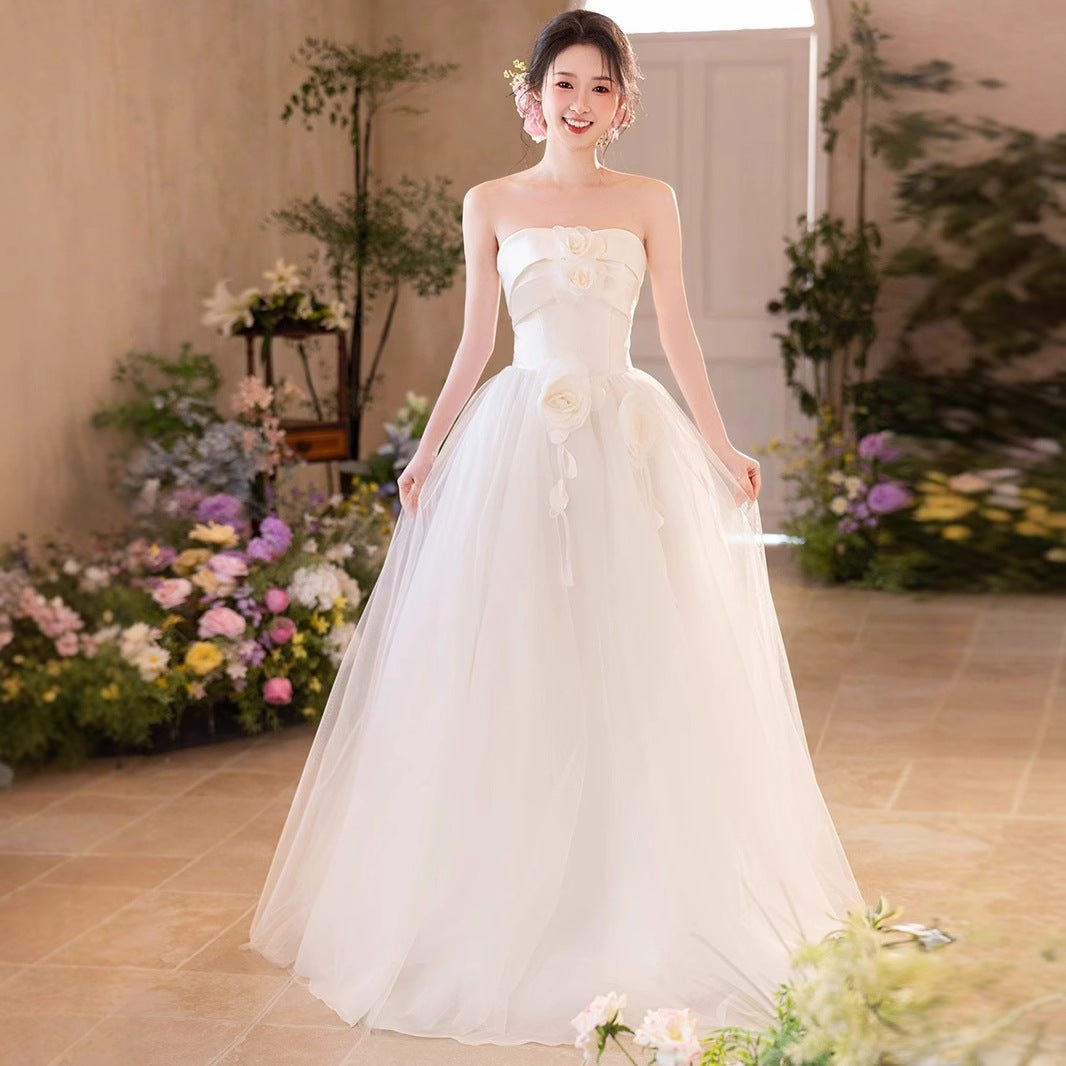 2025 new light wedding dress white tube top dress bride wedding engagement certificate mesh dress dress