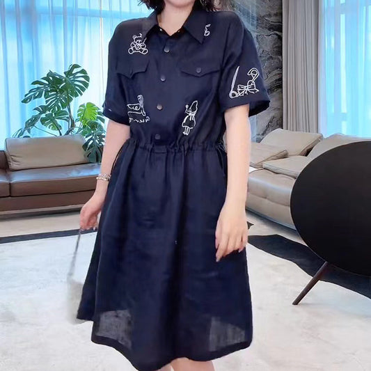 summer new natural air-conditioning embroidery pattern lapel short-sleeved dress