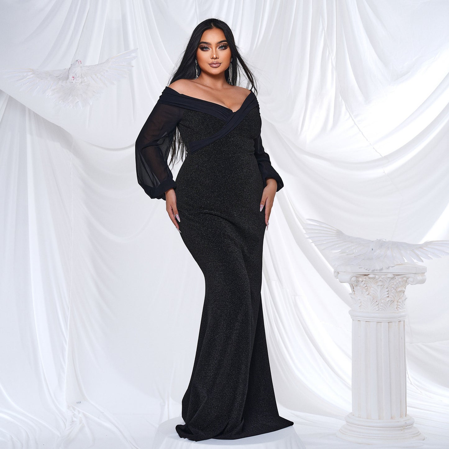 2025 Popular trade  large-size women's clothing long-sleeved V-neck banquet sexy hip-wrapped fishtail evening dress dress
