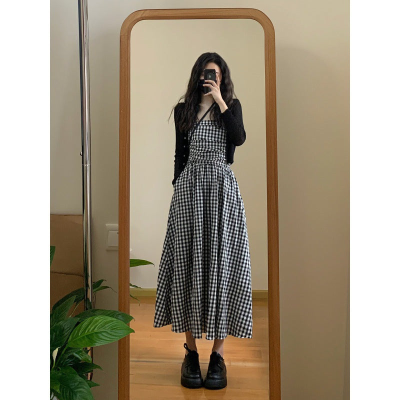 2025 Black and white plaid tube top dress women's  new chest-wrapped long dress + thin long-sleeved lazy wind knitted sweater set