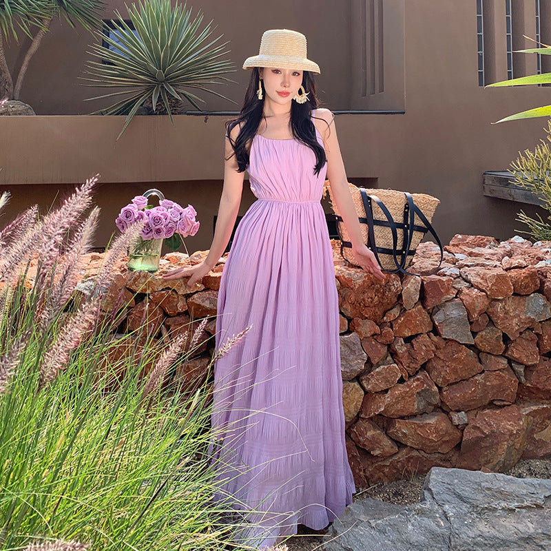 2025 Seaside vacation wind suspender pleated fairy photo dress female  sweet wind small temperament long dress summer
