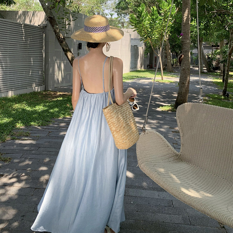 2025 Suspender dress women's design sense holiday style long dress simple temperament halter skirt  first love milk sweet long dress
