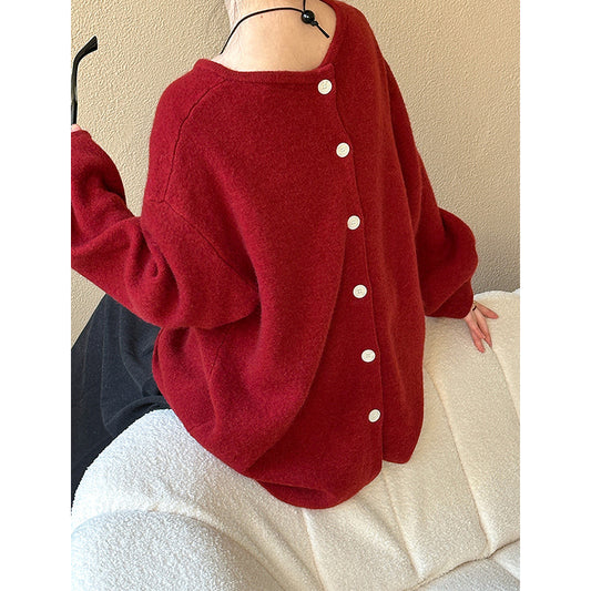 2025 popular autumn and winter new sweater round neck back breasted design bubble sleeve pullover knitted sweater 3257