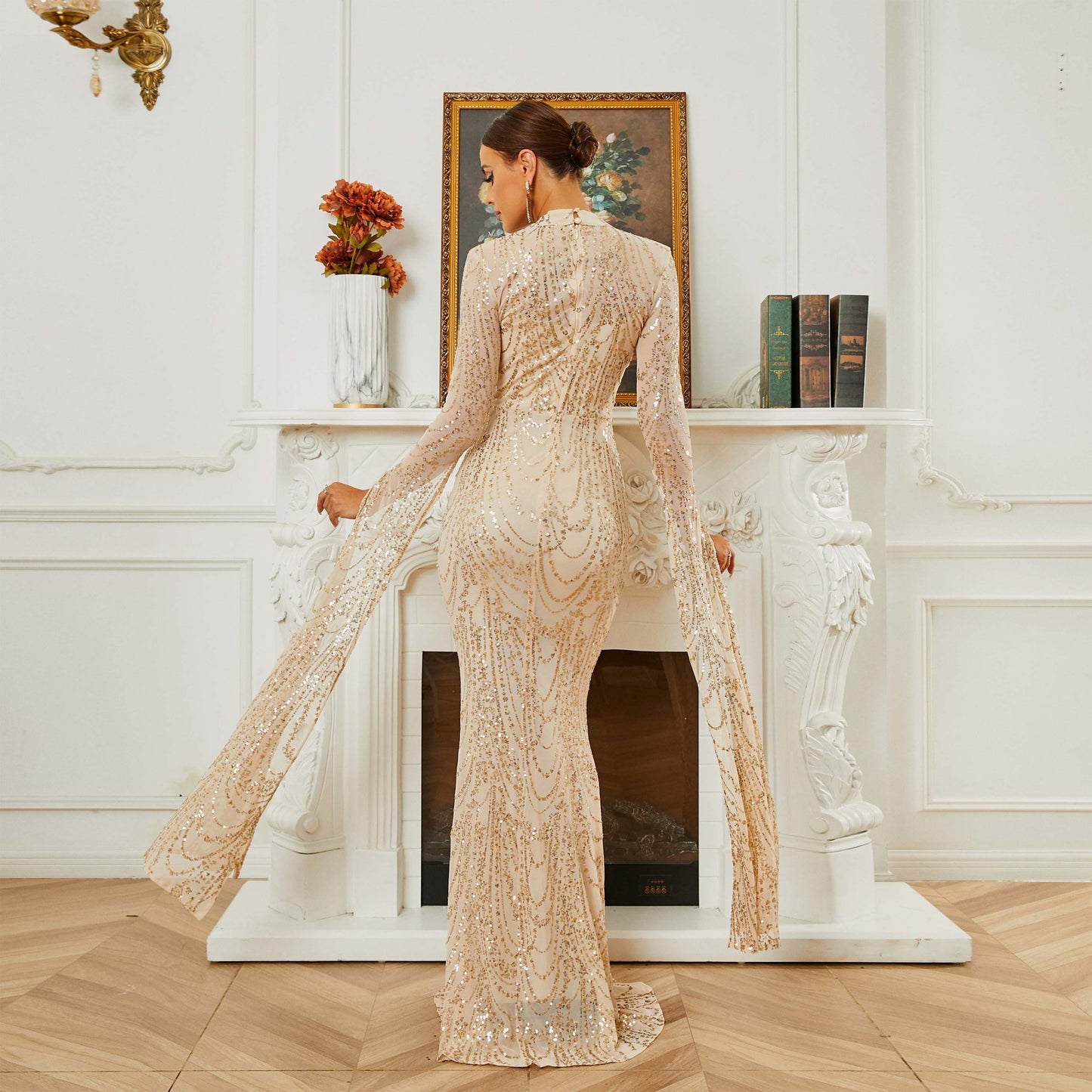 2025 high-end temperament sexy long sequins long sleeves crew neck banquet evening dress bridesmaid dress women