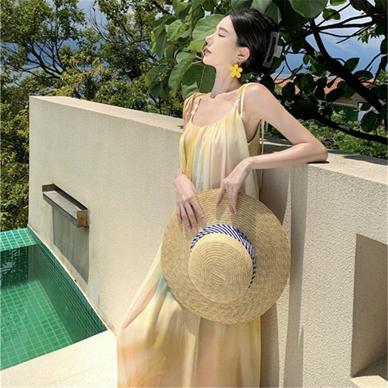 2025 Yellow smudge design sense niche vacation skirt summer temperament suspender dress lazy wind elegant super fairy fairy skirt