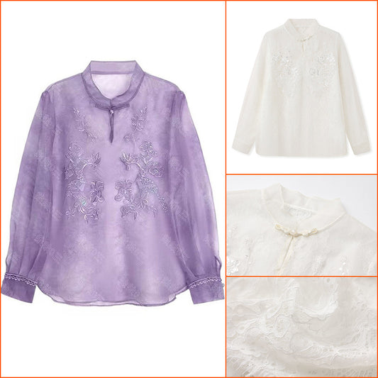 2025 spring clothing national style new design shirt mulberry silk temperament stand-up collar buckle embroidered top women's N2075