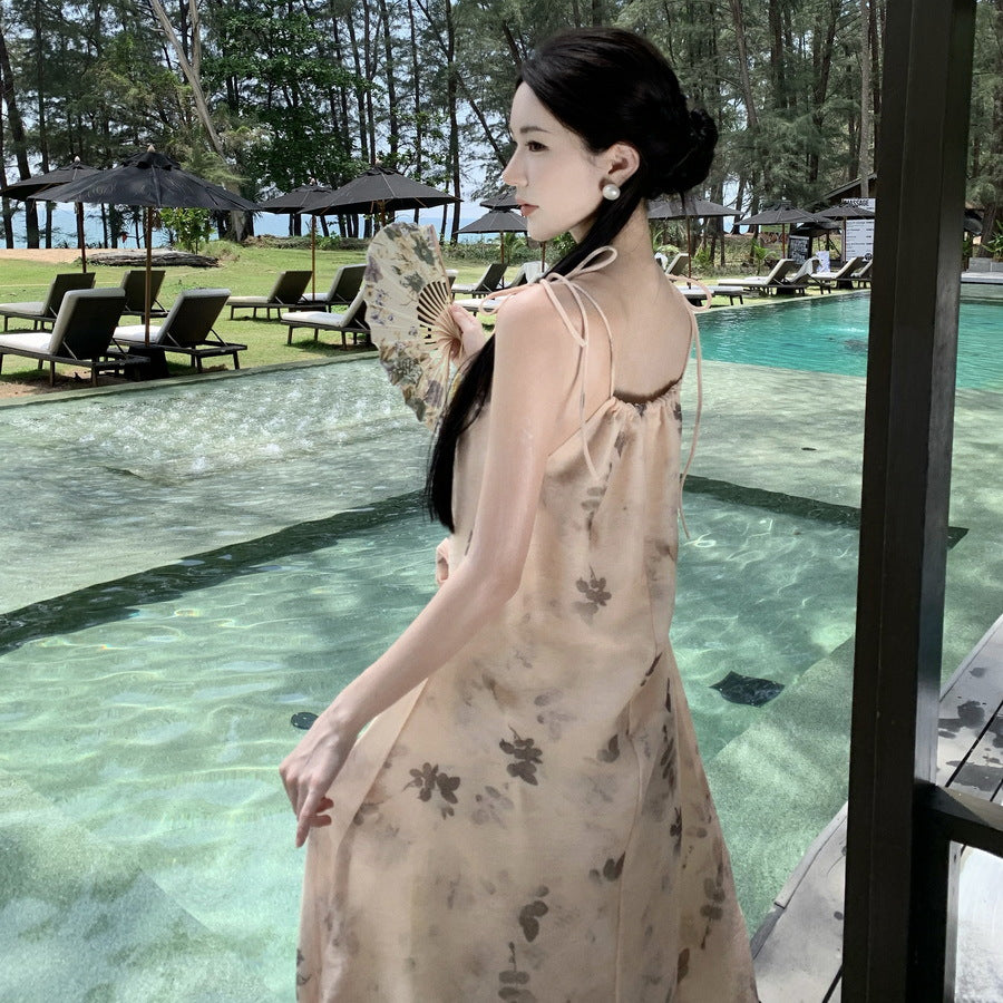 2025 New Chinese style zen floral suspender dress women's summer temperament socialite retro slim printed holiday long skirt