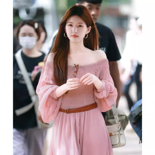 2025 Zhao Ruth same dress women's  autumn  one-word shoulder high-end bubble sleeve star pink dress