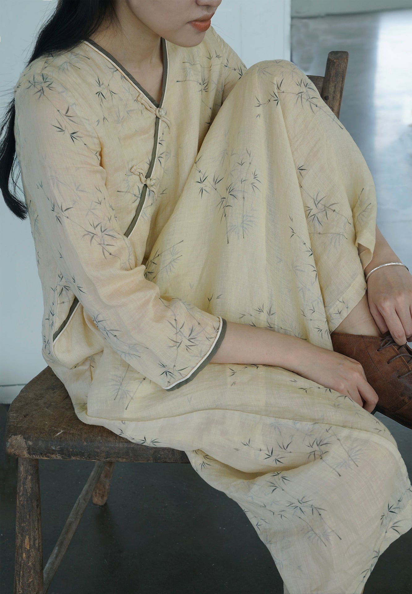 national style Zen sketch printing diagonal dress, light Chinese double-layer ramie loose cheongsam L22268