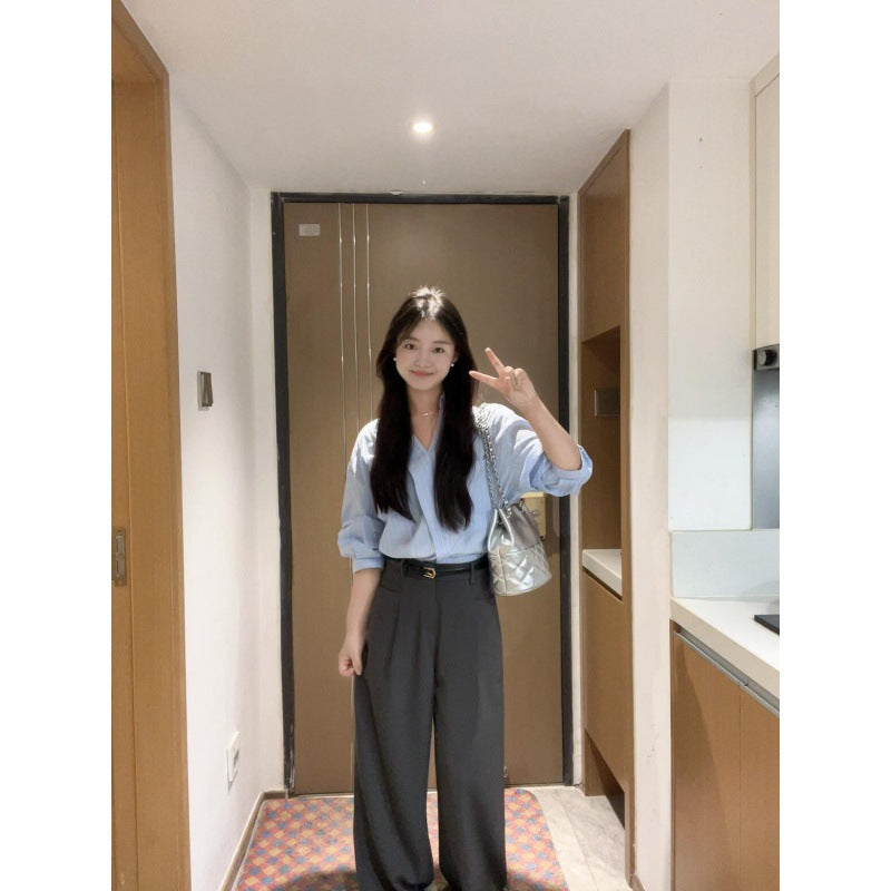 Autumn clothes are matched with a complete set of age-reducing Popular fashion, blue shirt, gray suit pants, and thin two-piece suit women's clothing.