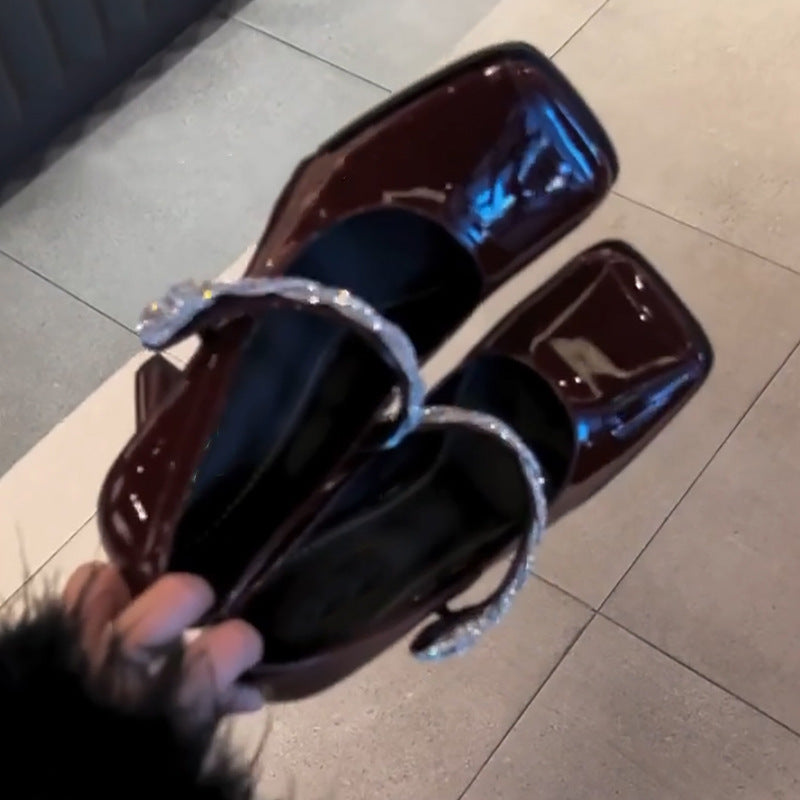 2025 High heels women's popular new square head thin heel temperament rhinestone burgundy not tired feet beautiful single shoes