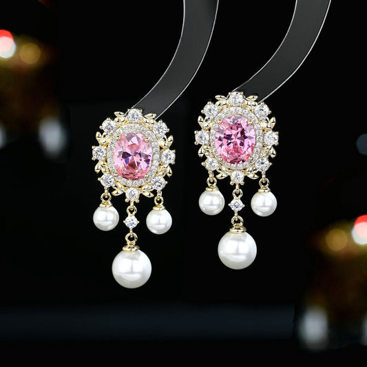 2025 court style elegant temperament s925 silver needle high-end earrings oval zircon inlaid pearl fringed earrings