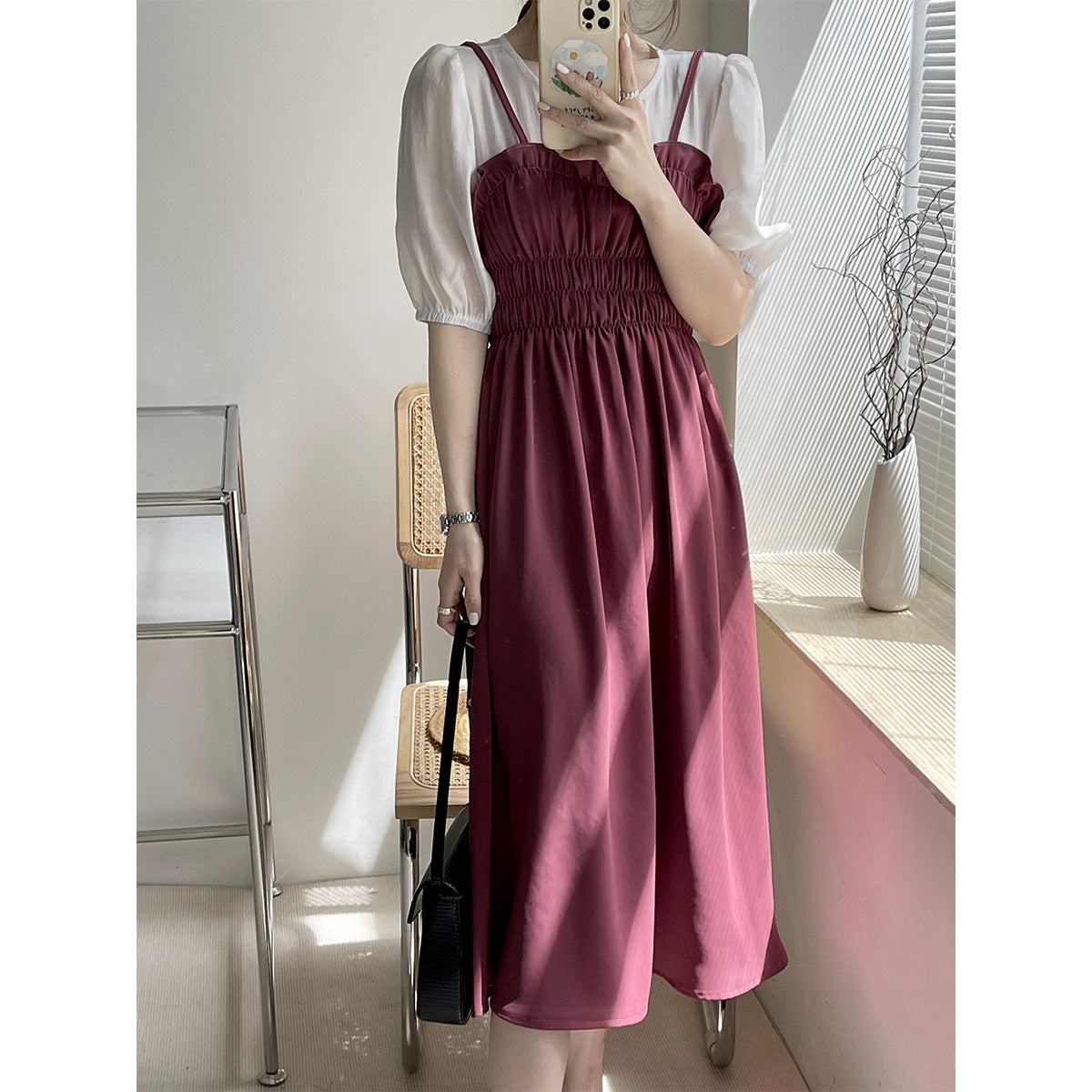 2025 [60% off for summer clearance] Spring solid color dress women's  retro medium and long round neck fake two pieces, thin A word