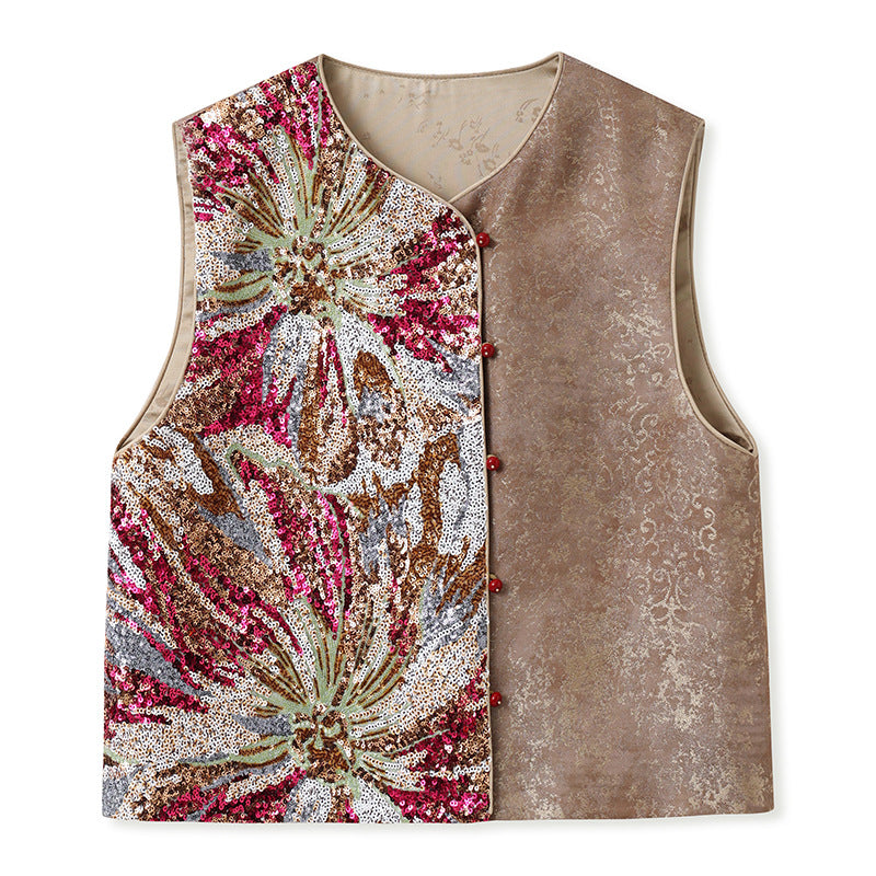 Guofeng retro 2025 new temperament vest women's light luxury beads embroidered jacquard embroidered silk vest N3105