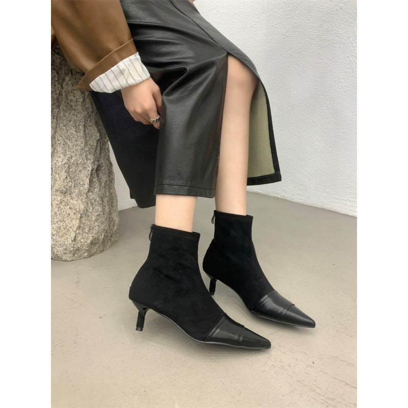 2025 Short boots women's velvet pointed head thin heel new splicing suede thin high heel short thin boots in autumn and winter of popular
