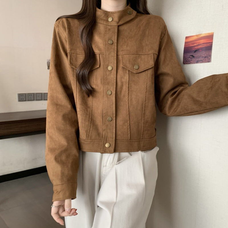Large size 2025 spring clothing new Korean version design sense deerskin velvet loose and thin short long-sleeved jacket jacket women